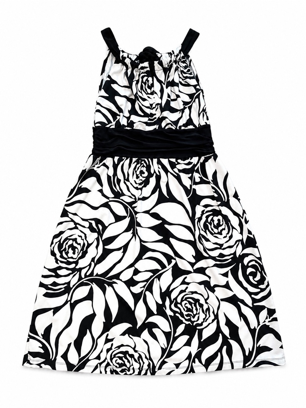New Directions Black & White Floral A-Line Dress with Waistband Petite Medium